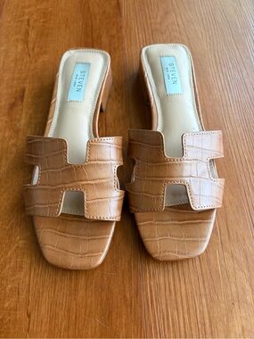 Steven New York Croc-Embossed Tan Slide Mules